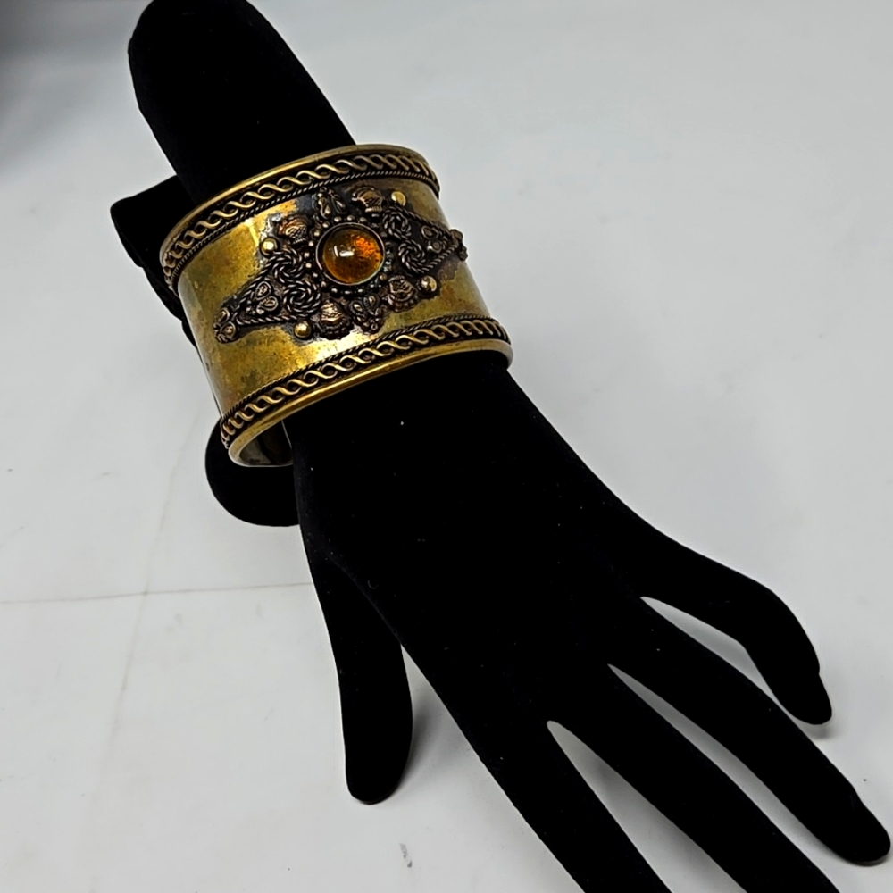 Vintage Czech Glass cuff Bracelet Ornate Antique